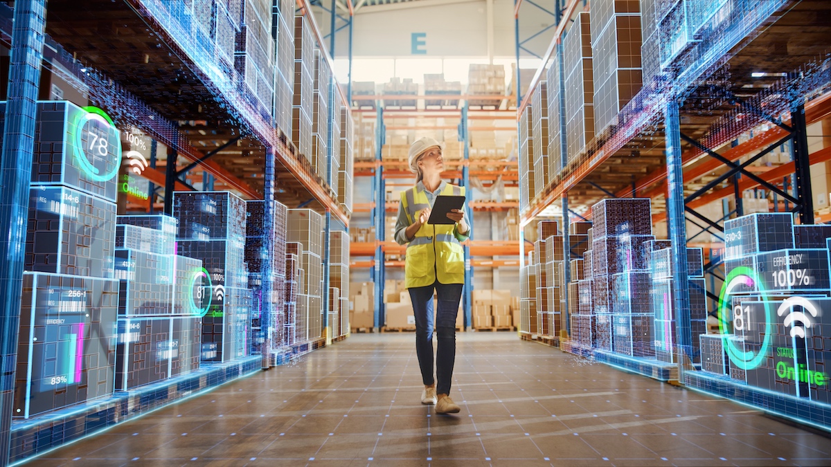 P21 Software Integrations Futuristic Technology Retail Warehouse: Worker Doing Inventory Walks when Digitalization Process Analyzes Goods, Cardboard Boxes, Products with Delivery Infographics in Logistics, Distribution Center