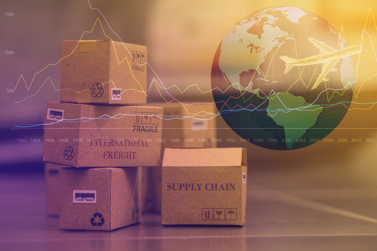 Freight Costs business concept: Small cardboard boxes with a plane flies above world map. Concept of transportation, international freight, global shipping, goods or services remotely. overseas trade, regional