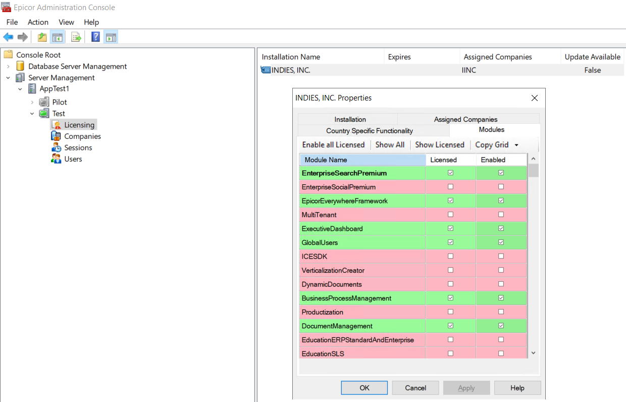 Epicor Admin Console Epicor License Info