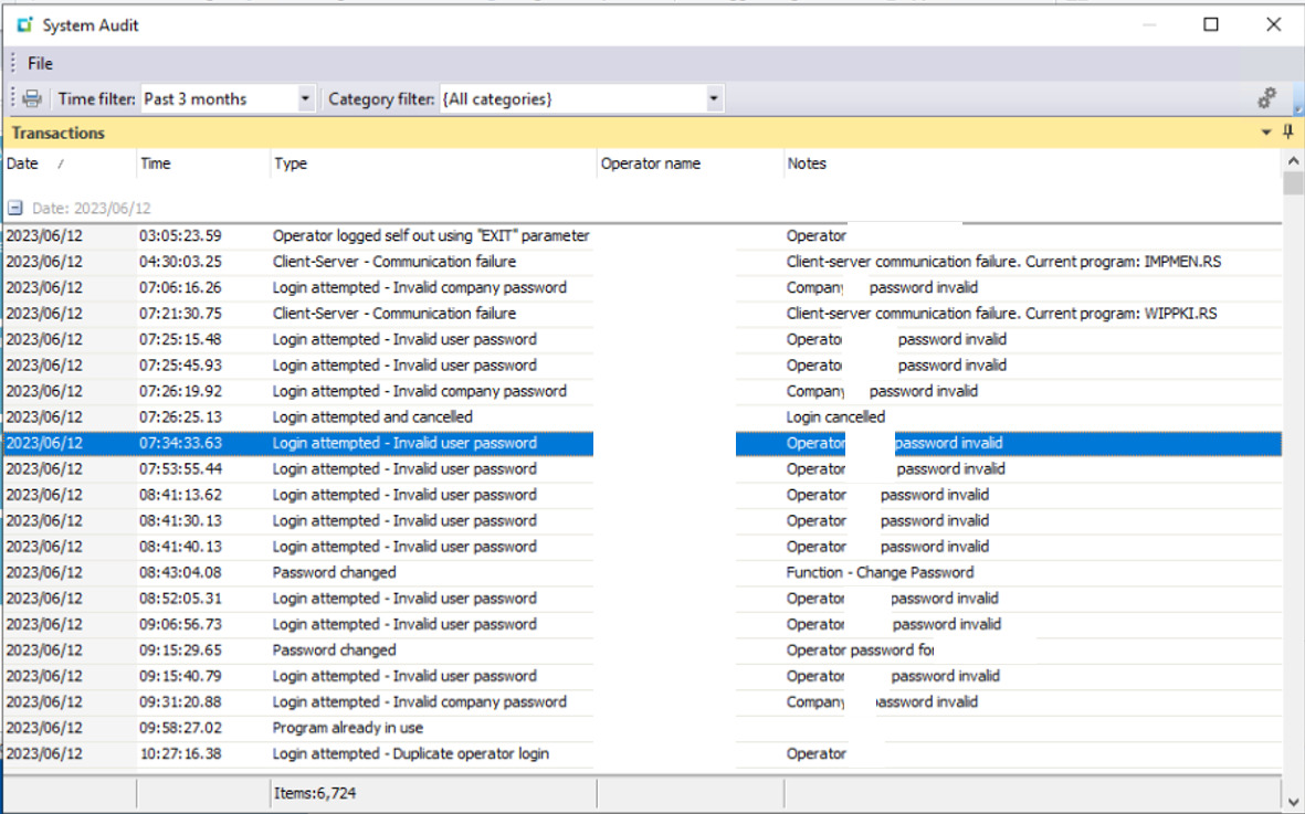 SYSPRO ERP System Audit Screen