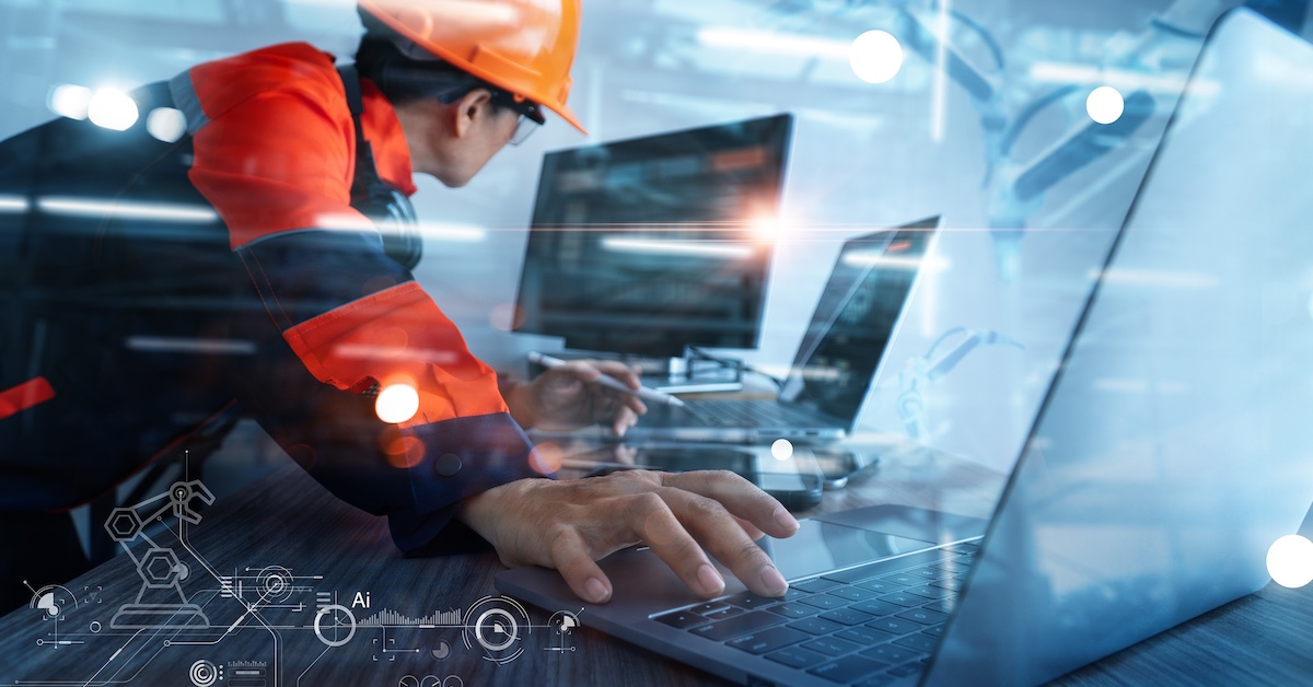 Industry 4.0, Engineer use monitoring system software and record data of ai robotics automatic arms machine working on network in intelligent factory, Ai, Machine learning, Digital manufacturing.