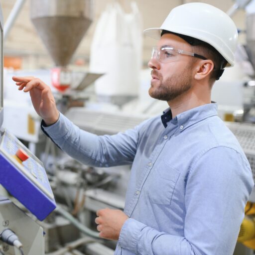 Portrait Caucasian professional Engineer factory. Manufacturing Factory.