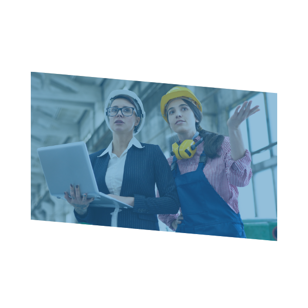 ERP consultants meet with foremen and project managers at a construction site, using mobile devices to coordinate budgeting, scheduling, and resource allocation through integrated job costing tools.