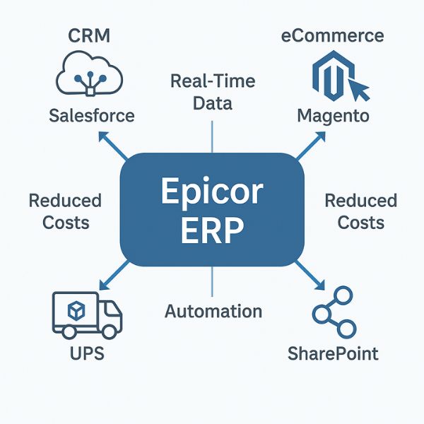Diagram showing Epicor ERP integrating with Salesforce, Magento, UPS, and SharePoint to enable automation, real-time data, and reduced costs.</p>
<p>