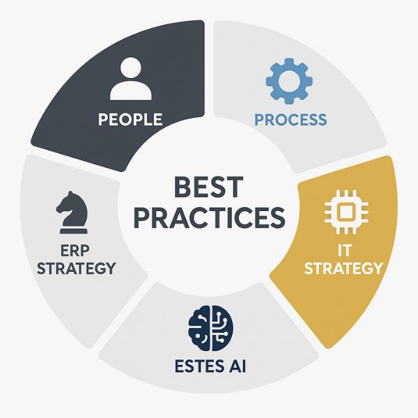Circular diagram showing best practices categories: People, Process, IT Strategy, ERP Strategy, and Estes AI.