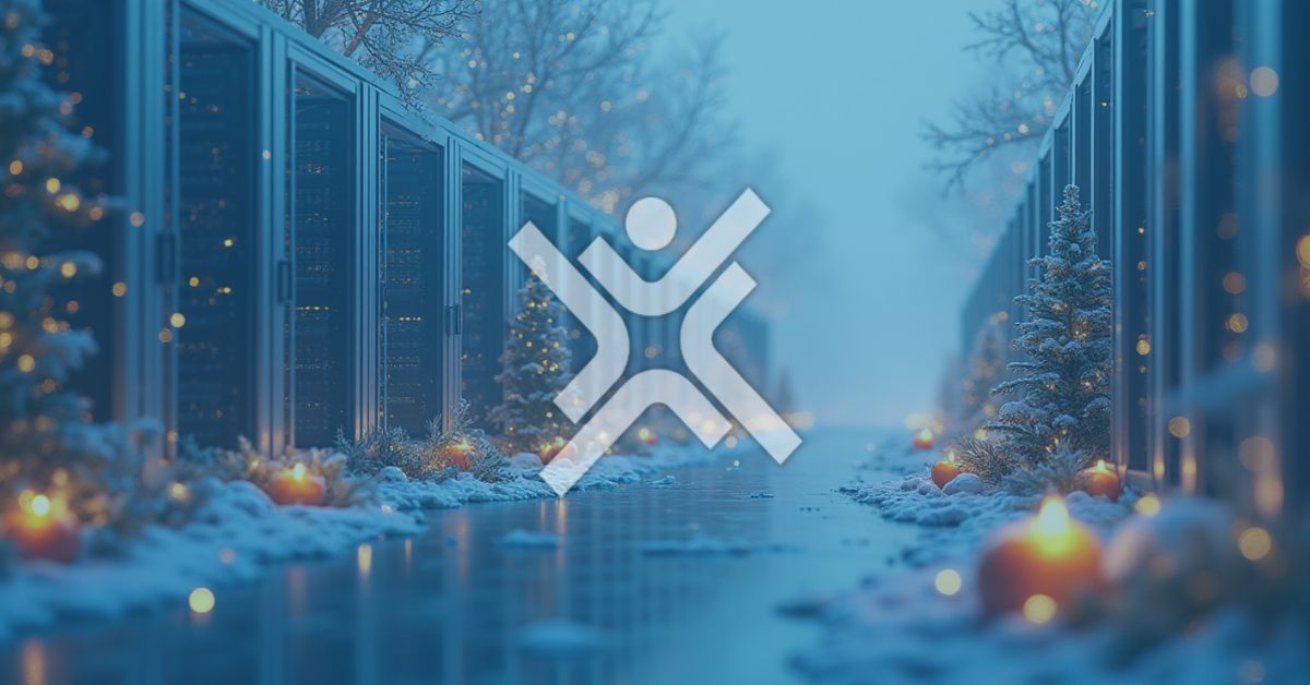 Data center hallway decorated with holiday trees and soft string lights, symbolizing secure and resilient IT infrastructure during the holiday season.