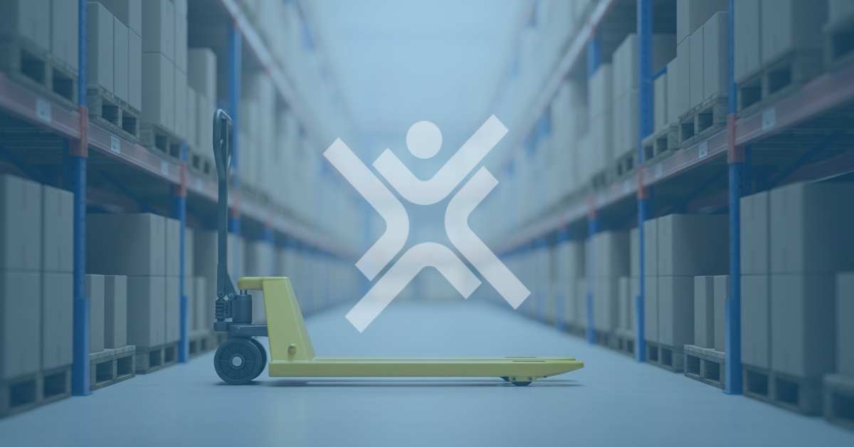 Empty warehouse cart beneath the EstesGroup logo symbol, representing fragile supply chain handoffs in distribution operations.