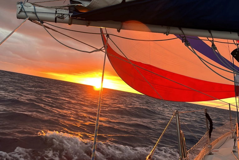 Sailboat at sea at sunset representing distribution shipping, supply chain direction, and business momentum